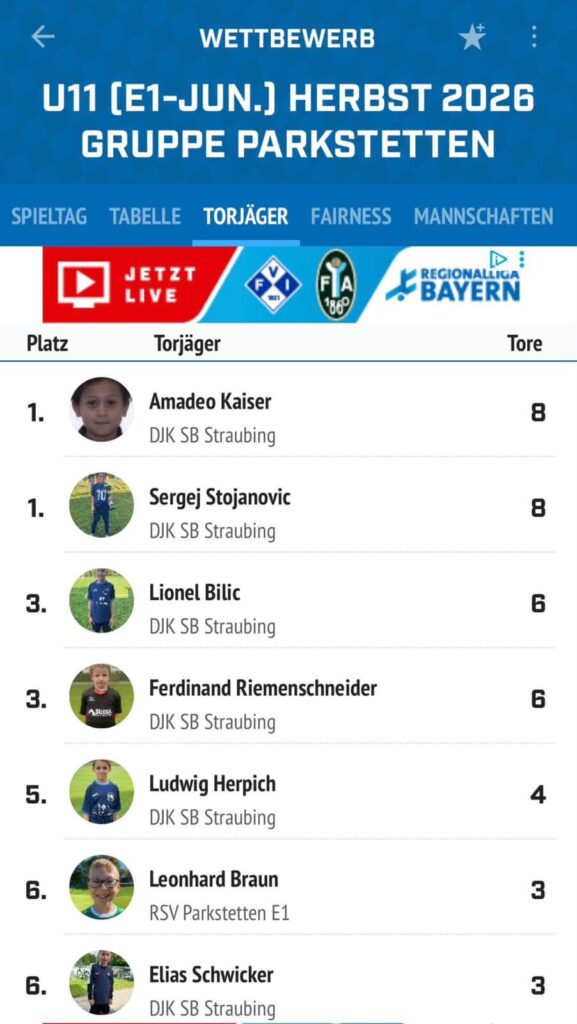 Torjägerliste U11 (E1-Junioren) Herbst 2026, Gruppe Parkstetten: Fünf der sechs besten Torschützen spielen für die DJK SB Straubing